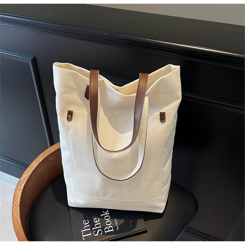 【甄选】大容量百搭帆布包女单肩纯色通勤包学院学生便捷包包购物 米白色