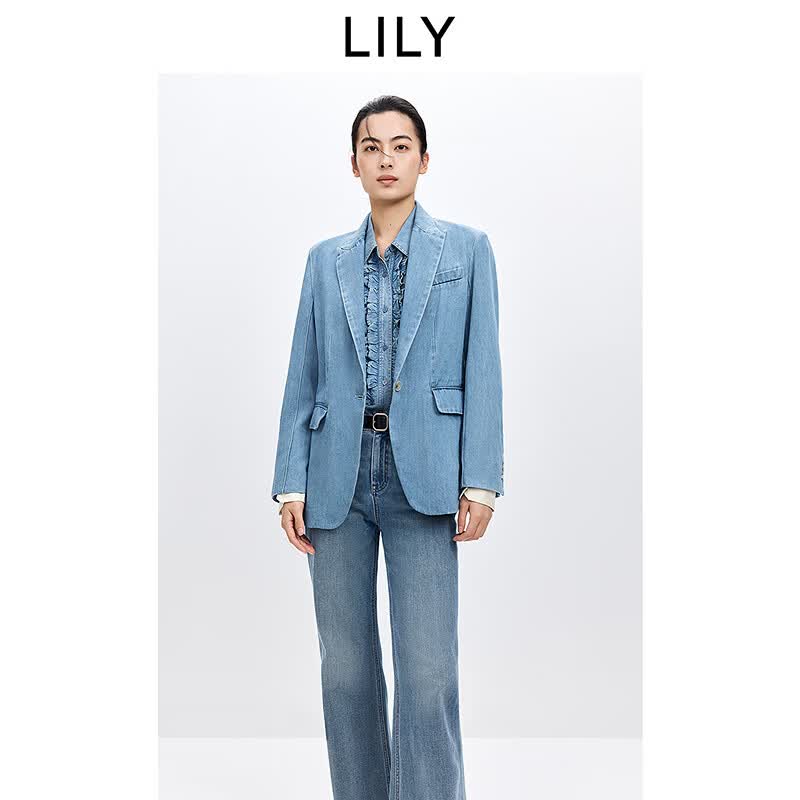 LILY2026春新款女装莱赛尔混纺复古廓形宽松休闲通勤蓝色西装外套 419牛仔蓝 M