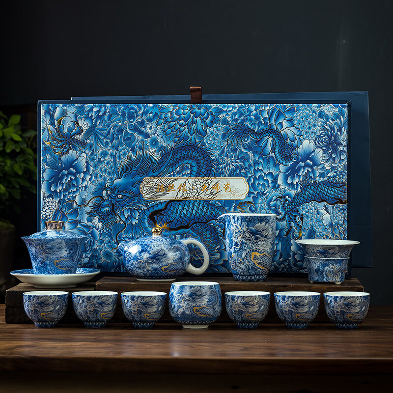 青天问月高端纯手工掐丝银龙功夫茶具套装珐琅彩羊脂玉悬停盖碗凤鸣壶礼盒 手工掐丝银龙大套组-正版带收藏证书