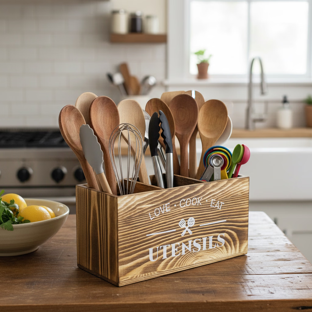 欧式刀叉收纳盒 家用厨房分格分类木质整理盒 筷子勺子餐具置物架 灰色(长30CM,宽12CM,高17CM)