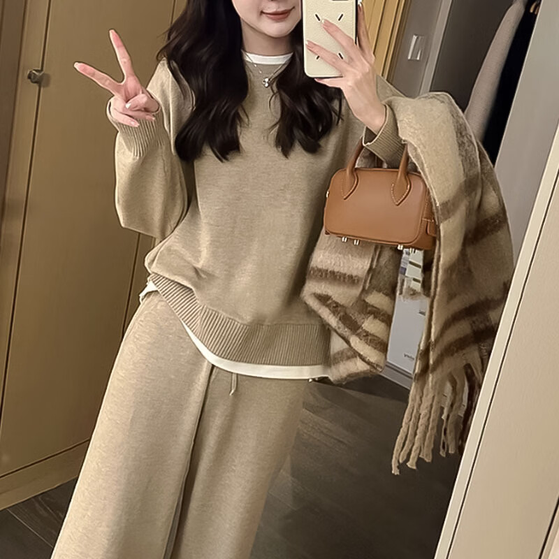 高品质秋季新款假两件毛衣阔腿裤女士两件套运动休闲时尚套装 卡其 L