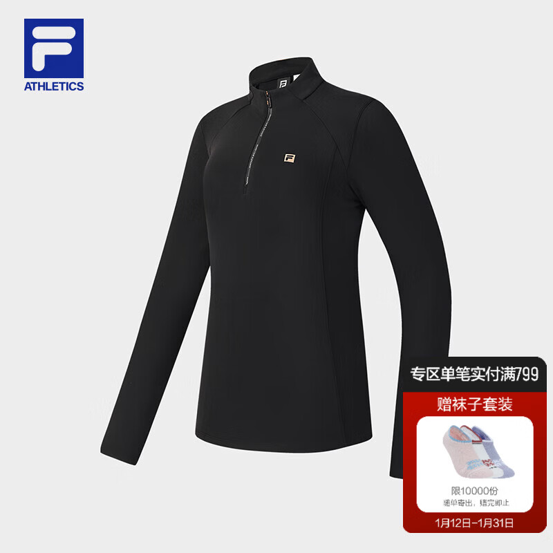 FILA 斐乐官方女子针织长袖上衣2026春新款健身运动修身半拉链长T 深黑-BK L 170/88A/L