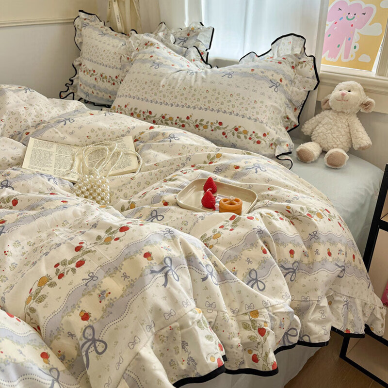 猫人全棉小清新床上四件套纯棉床单被套罩单双人床品三件套四季通用 蓝梦花园【100%新疆全棉精美荷叶边亲肤裸睡】 床笠款 1.5m床四件套【适200*230cm被芯】