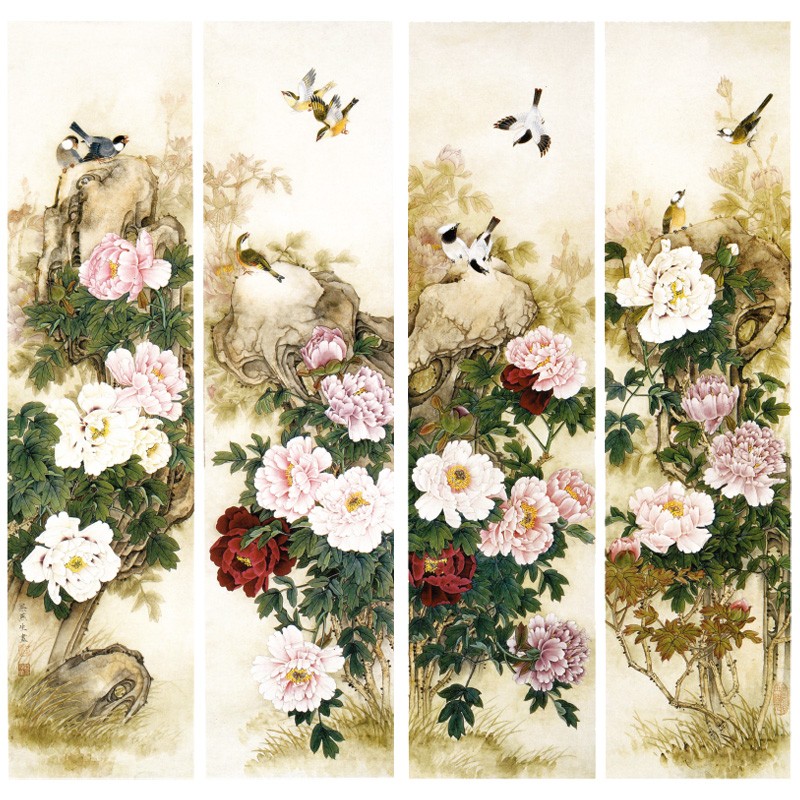 工笔画白描底稿牡丹四条屏初学者临摹画稿原大尺寸34*136厘米花鸟线稿