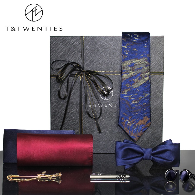 T&Twenties男士领带领结口袋巾领带夹袖扣胸针七件套礼盒商务礼物实用送朋友 S03#星空-油画