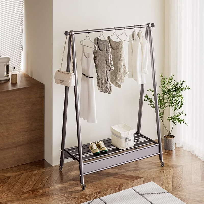 缇欧卧室挂衣架家用折叠晾衣架落地阳台晒衣架铝合金挂衣服移动衣帽架 【钛金灰120cm】高端铝合金&移动万向轮&加宽置物架