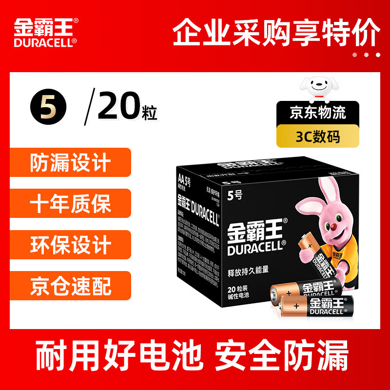 金霸王(Duracell)5号电池20粒装碱性干电池五号 适用博朗耳温枪/血糖仪/鼠标血压计电子秤遥控器儿童玩具