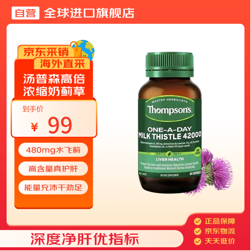汤普森（Thompson's）奶蓟草护肝片60粒/瓶 1粒含480mg水飞蓟宾养肝脂肪肝加班熬夜必备