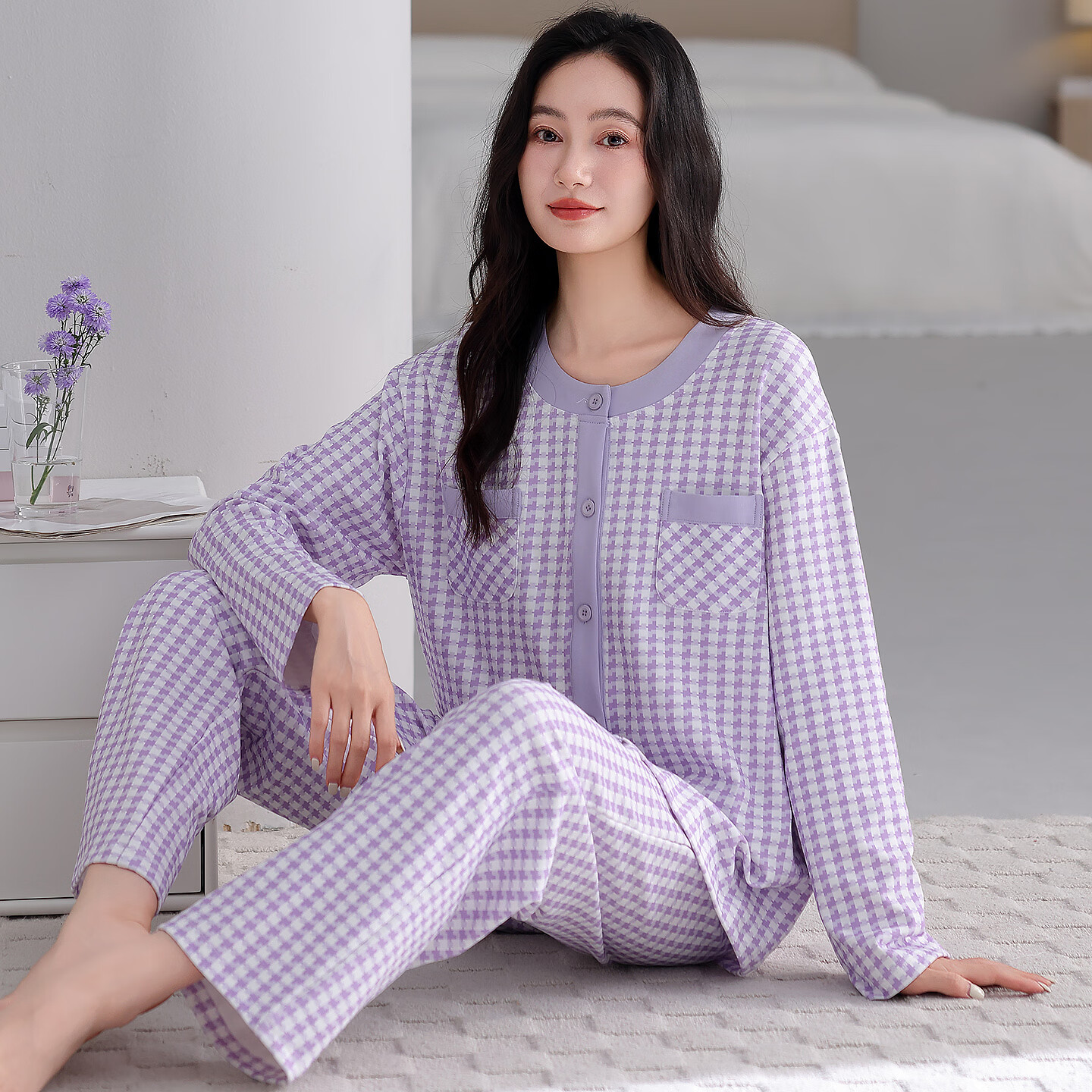 莫代尔睡衣女士春秋季新款柔软亲肤长袖长裤宽松大码薄款开衫家居服套装 M5602 L 90-110斤