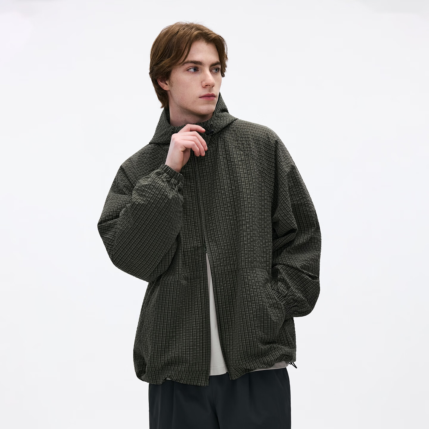 熊猫·本（ben.panda）格纹运动夹克男士宽松连帽日常通勤外套2026春季新款 橄榄绿 L