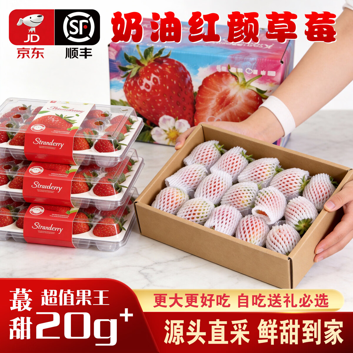 余悦四川奶油红颜草莓【JD顺丰-多地次日达】99奶油非丹东草莓送礼 带箱2.3斤【单果8-15g-净重1.8斤】送礼彩箱装