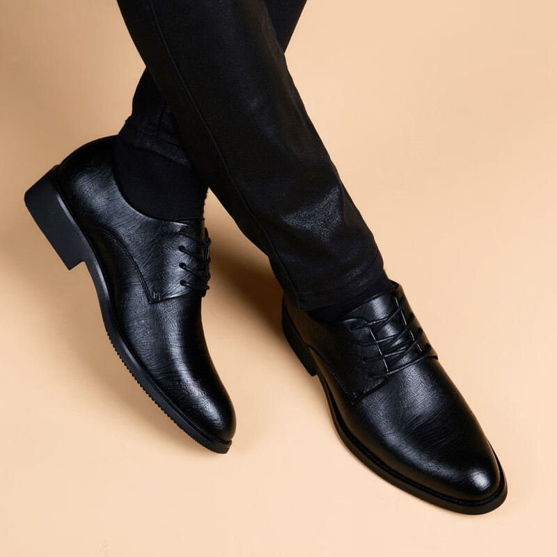 Walker Shop轻奢皮鞋男款尖头系带中年商务正装男鞋休闲内增高软底皮鞋透气 黑色内增高【品牌男鞋 礼盒包装】 39