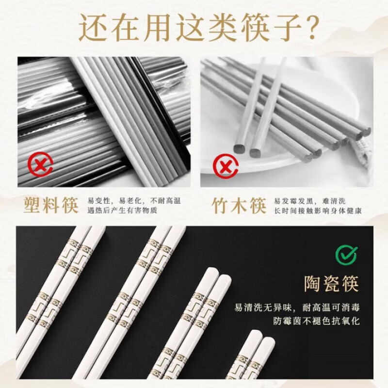 京悠雨景德镇陶瓷筷子防滑家用易清洗防霉国风耐高温家庭餐筷 国色天香陶瓷筷【防霉抗菌防滑】 10双送饭勺