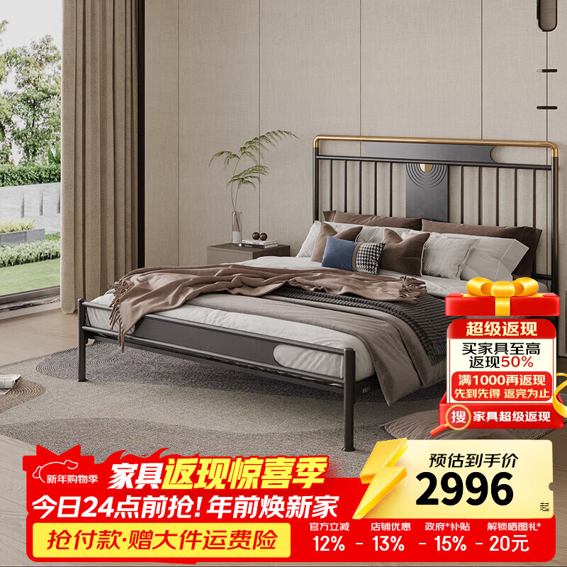 天坛家具铁艺床 新款中式环保钢木床可调节加固加厚架子床 铁艺床 1