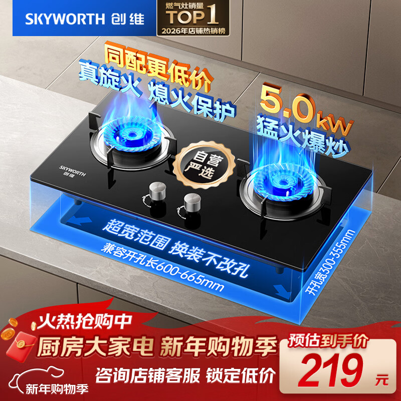 创维（Skyworth）燃气灶煤气灶双灶家用 5.0kW液化气嵌入式台式灶具大火力玻璃面板Z207BS（不包安装）