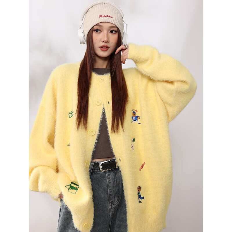 MANYSTON美式重磅毛衣外套男款秋冬季潮牌休闲情侣针织开衫青少年上衣 黄色 S