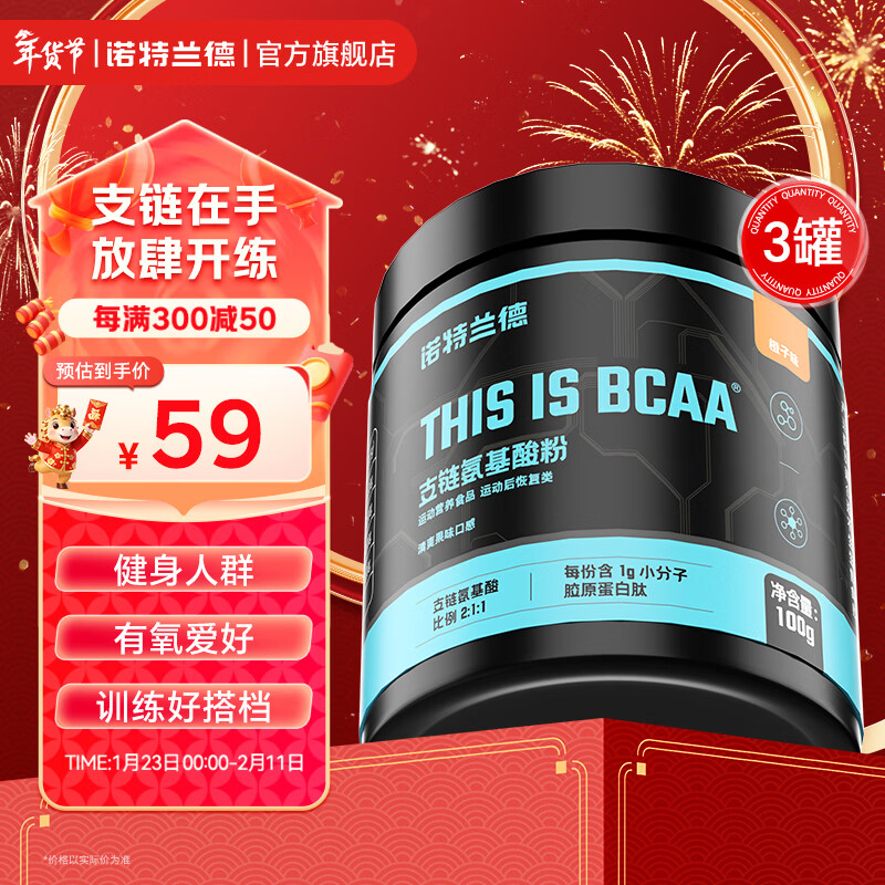诺特兰德bcaa支链氨基酸运动健身补剂官方旗舰店 100g*3罐 【橙子味】(约40天用量)