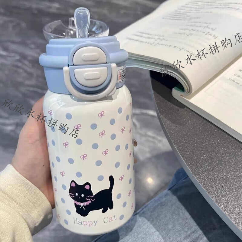 小猫保温杯女生 高颜值大容量316不锈钢学生可爱秋冬双饮吸管水杯 蓝色星球小猫保温杯500ml