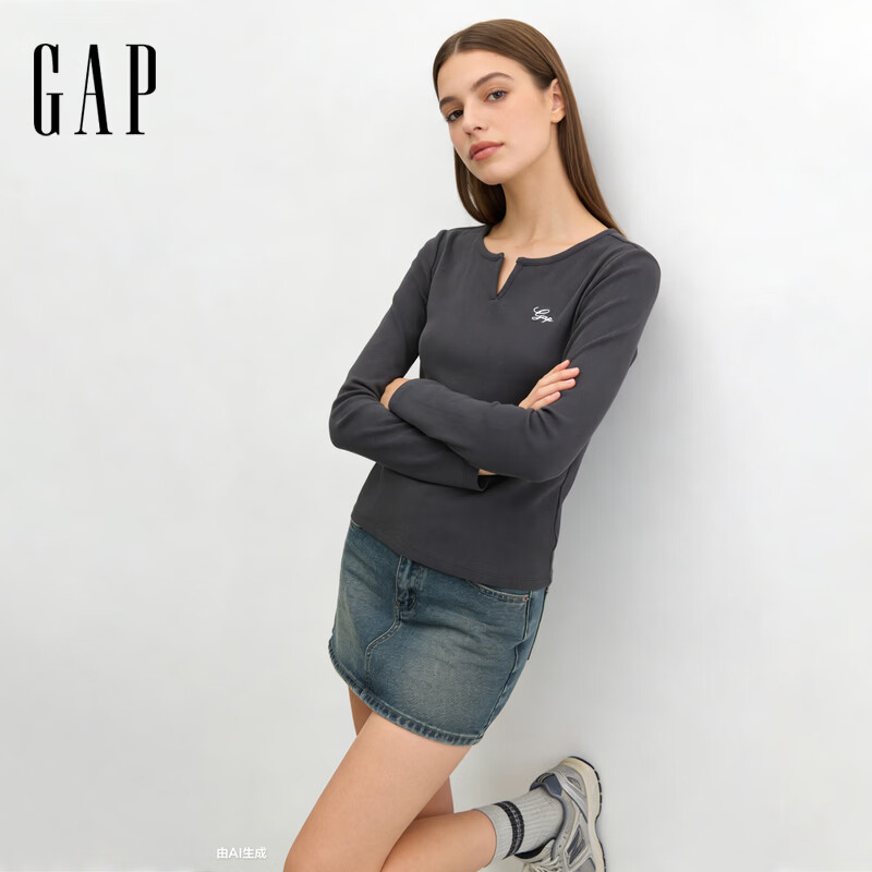 盖璞Gap女装2026春季新款logo刺绣小V领长袖针织衫休闲上衣858783 碳灰色 M (165/88A)亚洲尺码