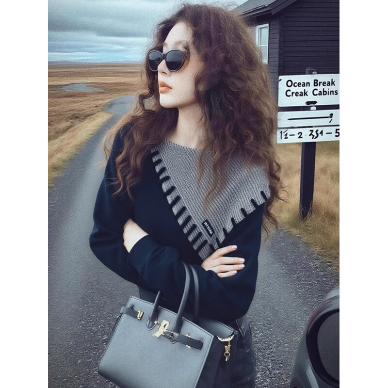 新款时尚2025秋冬慵懒风假两件撞色拼接卫衣女高级设计感小众百搭 藏青色假两件 M