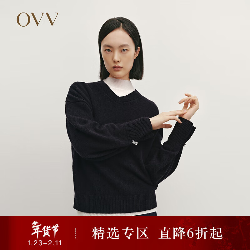 OVV秋冬热卖女装V领袖口活动金属扣羊毛长袖针织衫 藏青 S