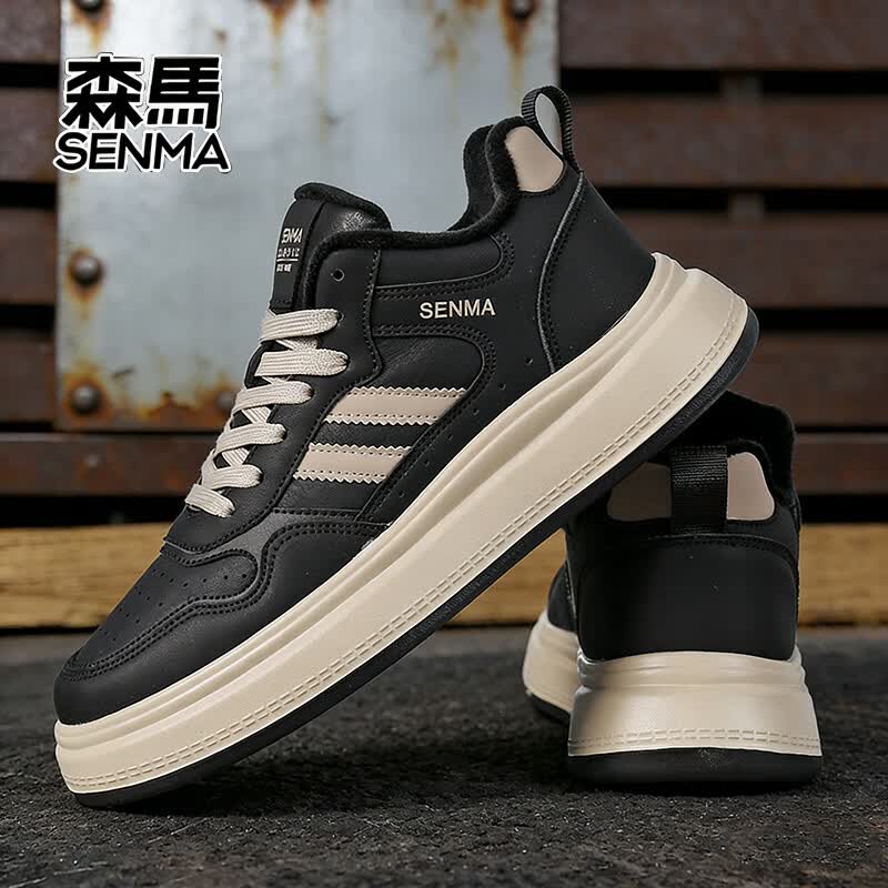森馬秋冬新款男士休闲运动男鞋时尚潮流百搭防滑板鞋 黑色加绒 43