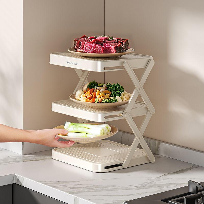 咏幻可折叠火锅食材架子厨房备菜置物架多功能收纳神器多层台面配菜盘 [奶白]三层+3个装 折叠空间备菜架/释放空间/折叠菜架