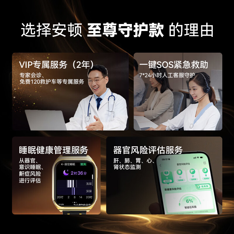 安顿心梗脑卒中智能健康风险预警手表血压血糖趋势手环手表心率血氧血脂健康手表送礼老人长辈父母M5 【新年礼盒款】M5至尊守护版+赠黑色鳄鱼皮表带*1