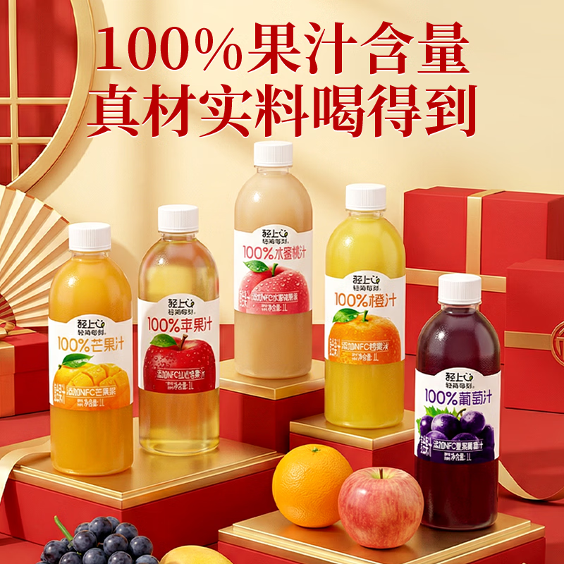 小轻甘轻上橙汁/苹果汁/葡萄汁/芒果汁0脂肪100%果汁含量饮料年货礼盒装 轻上缤纷果汁礼盒（1L*6礼盒装）