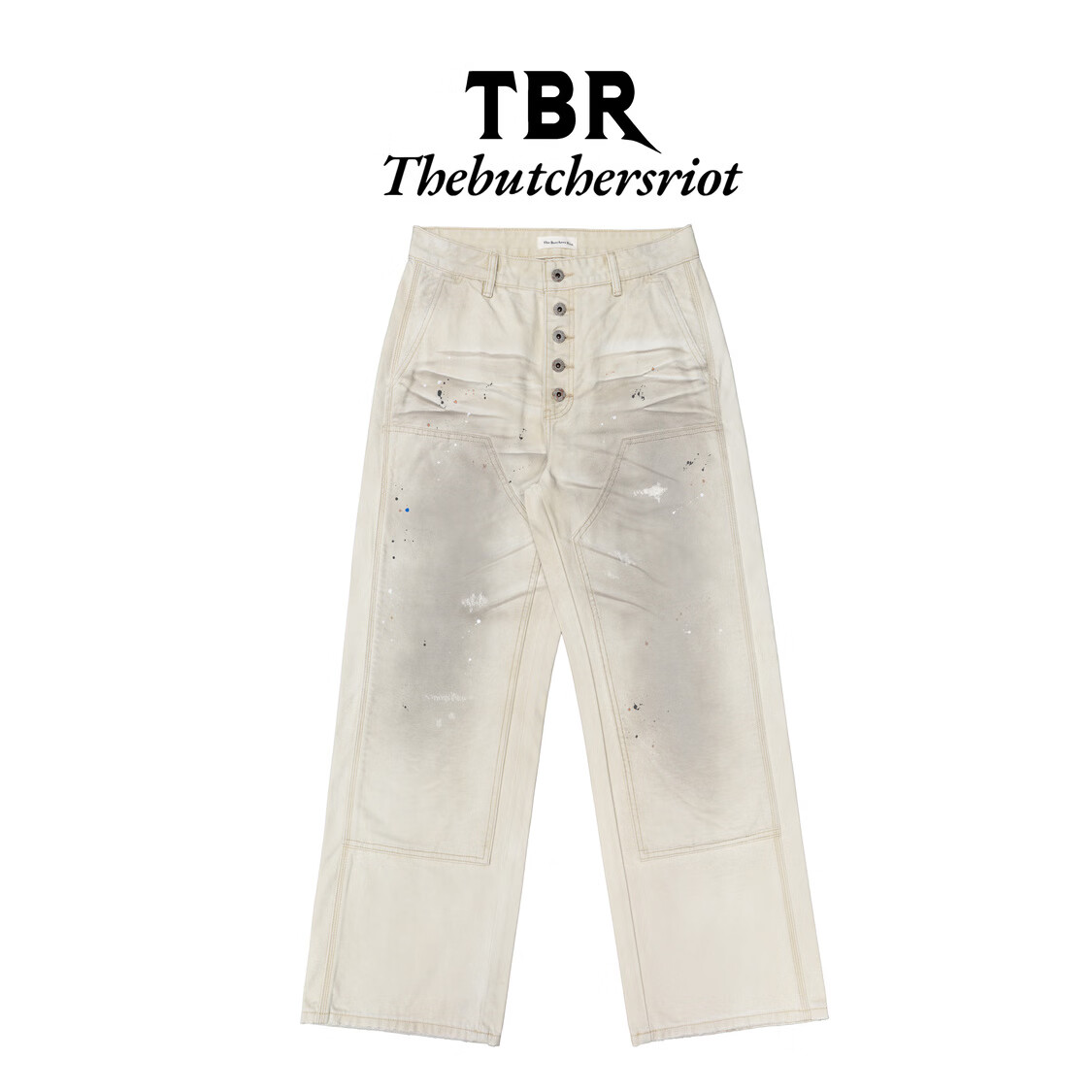 TBR双膝5连扣奶油色水洗做旧泼墨伐木裤宽松直筒版型牛仔裤 奶油色 XL 京东折扣/优惠券