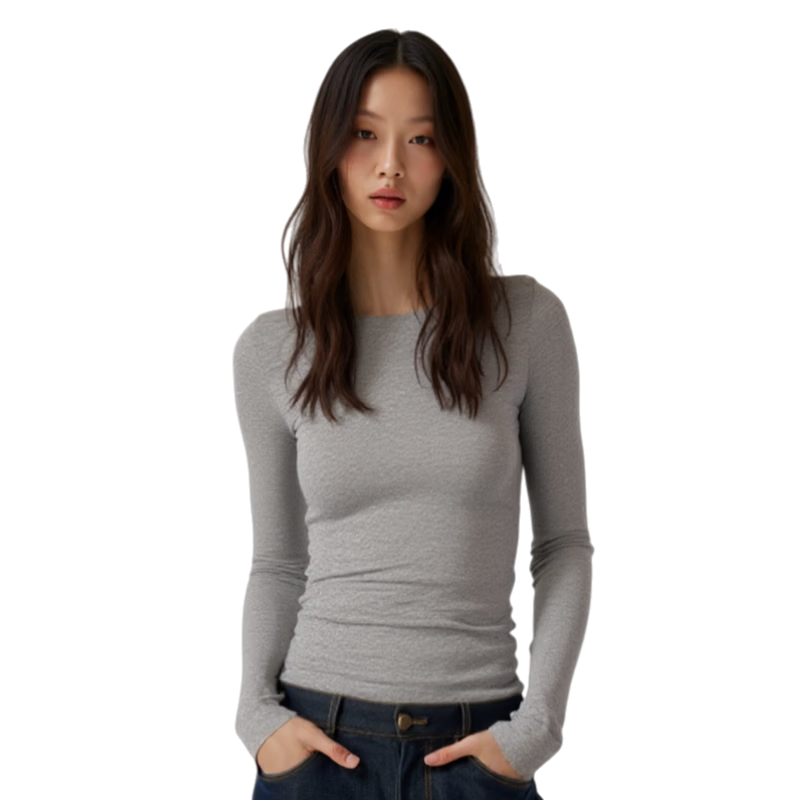 【京东直采】莱赛尔羊毛圆领打底衫女26新品收腰显瘦长袖t恤 花灰 M
