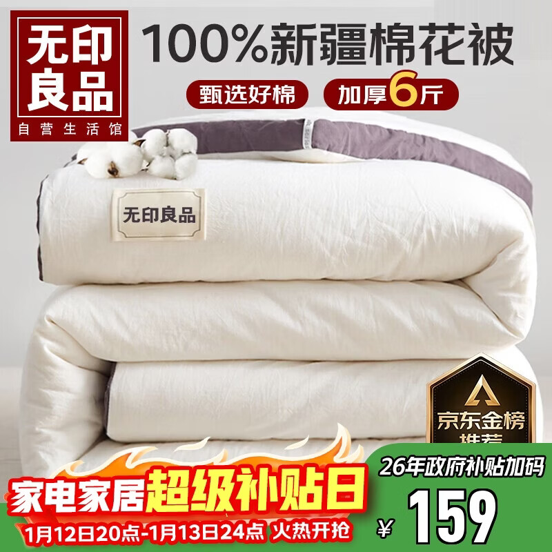 无印良品A类100%新疆纯棉花被子春秋空调被芯冬季保暖棉被厚6斤 200*230cm