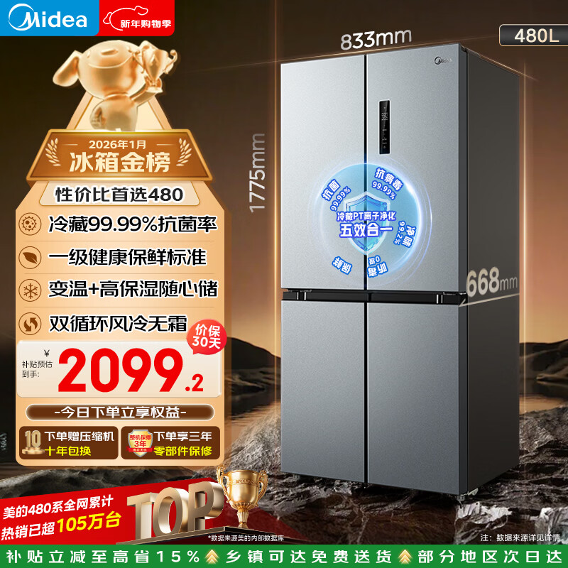 美的（Midea）480升十字门冰箱净味一级能效风冷无霜双变频90°开门以旧换新BCD-480WSPZM(E)国家补贴