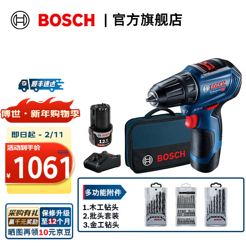 博世（BOSCH） GSR 12V-30 12V锂电充电式无刷起子机电钻电动螺丝刀手电钻 双电版（含钻头、批头套装）