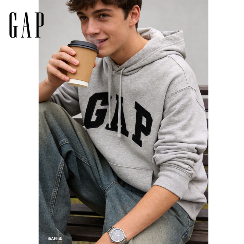 GAP男女装春季款贴布绣logo连帽衫卫衣经典上衣美版 灰色 868453 S 美码 M亚洲码175/92A
