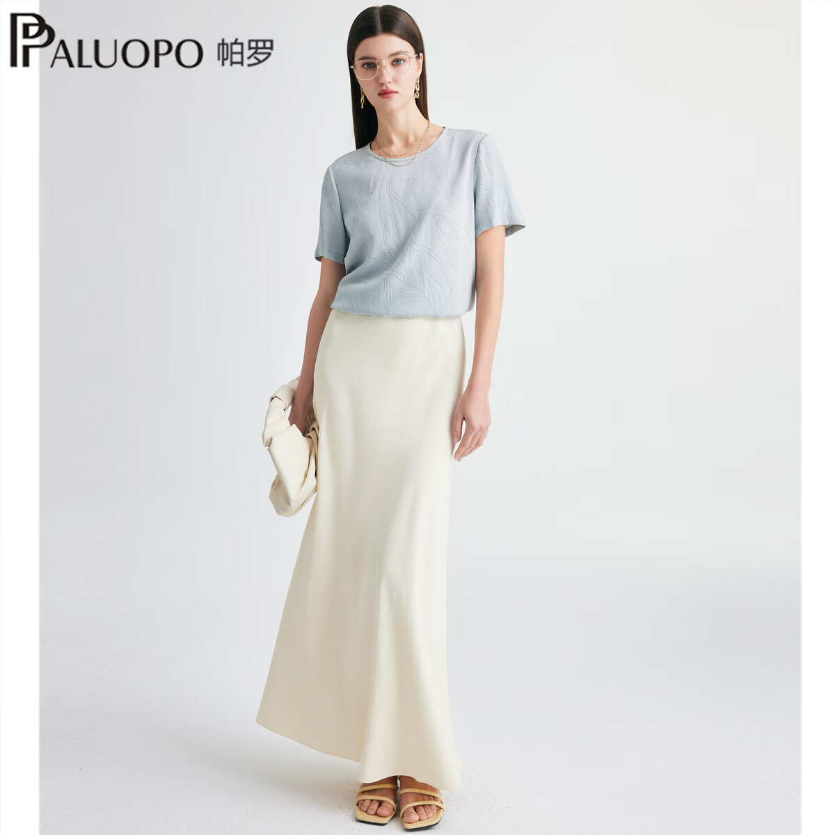 帕罗(PALUOPO)19姆米冠乐绉真丝短袖T恤女2026夏季新款休闲圆领提花半袖上衣 蓝色 XL 170/92A