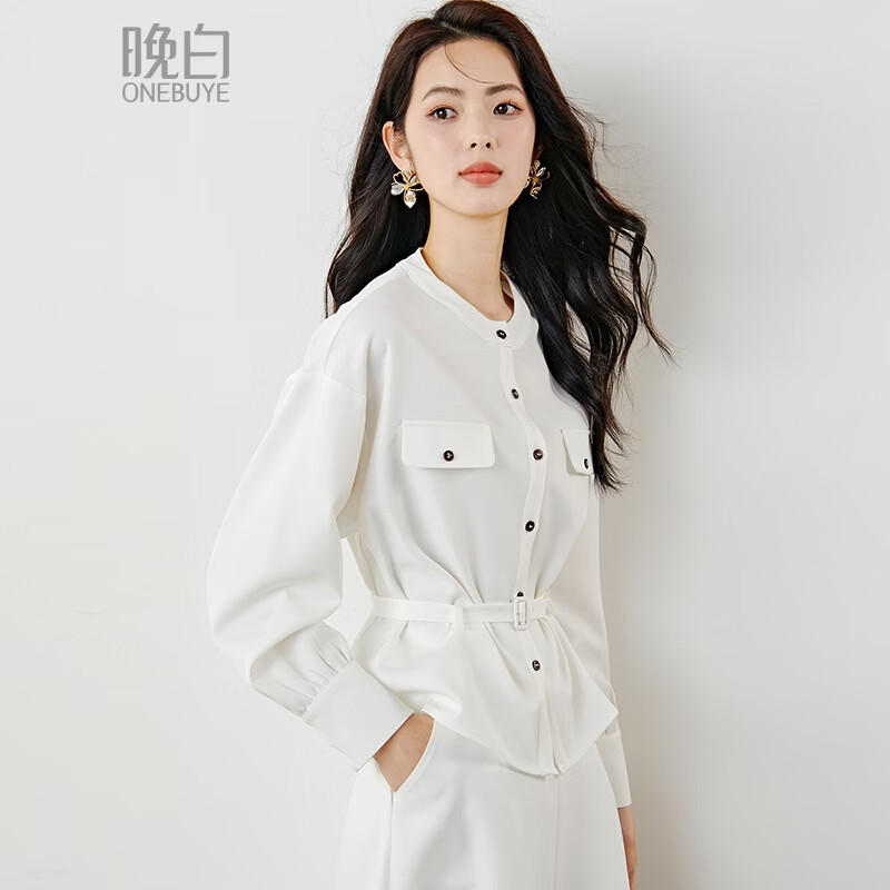 晚白【新品】2026春款气质千金感立领白月光上衣系带收腰显瘦通勤衬衫 白色 S