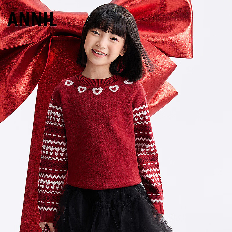 安奈儿（Annil）【拜年服】童装女童含绵羊毛喜庆毛衣26春新款新年款红色 焰火红 160