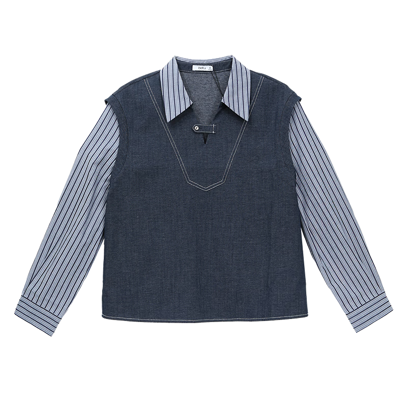 百图（betu）女装2026年春季新款衬衫假两件条纹拼接衬衫高级感上衣女2602T87 宝兰 XS