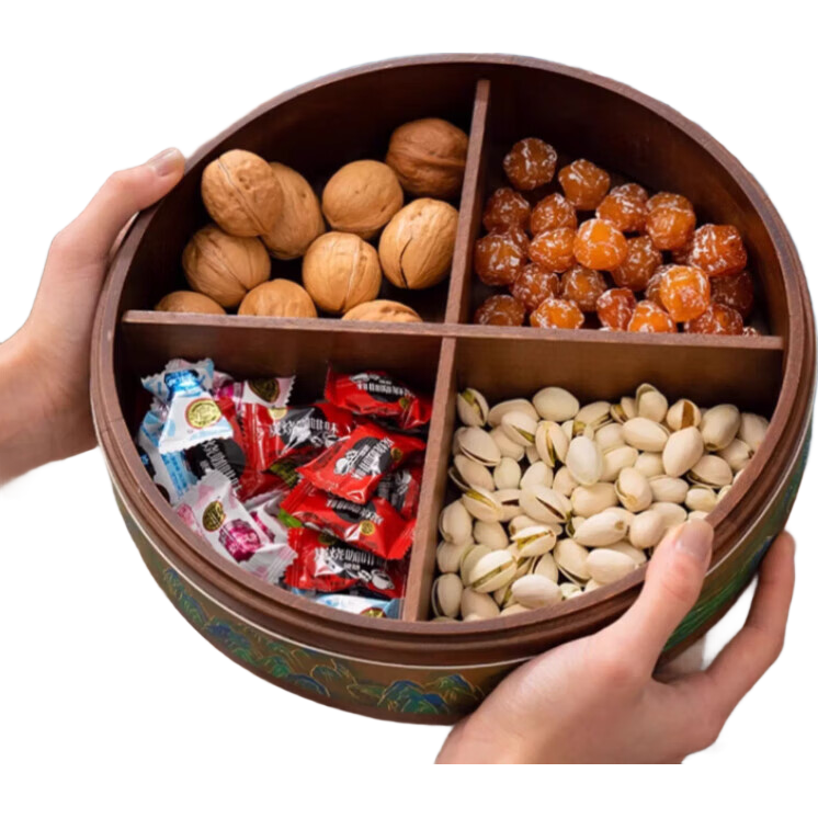 sungsa日本實(shí)木干果盤分格家用客廳干果盒輕奢高檔零食瓜子堅(jiān)果收納盒 千里江山干果盒 1層