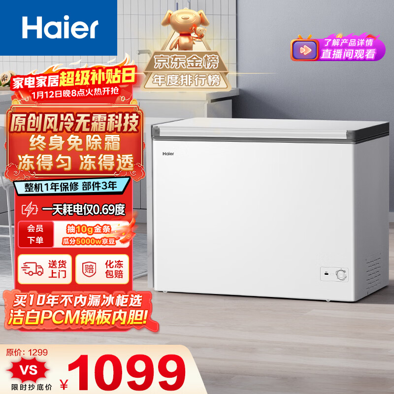 海尔（Haier）300L单温冰柜小型家用小冰柜商用冷藏冷冻两用转换冷柜小冰箱减霜一级能效BC/BD-300GHPDZ