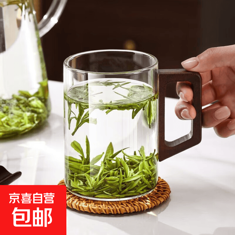 木作茶杯三件杯防烫带把手木把玻璃杯泡茶杯喝耐高温 400ml 单杯