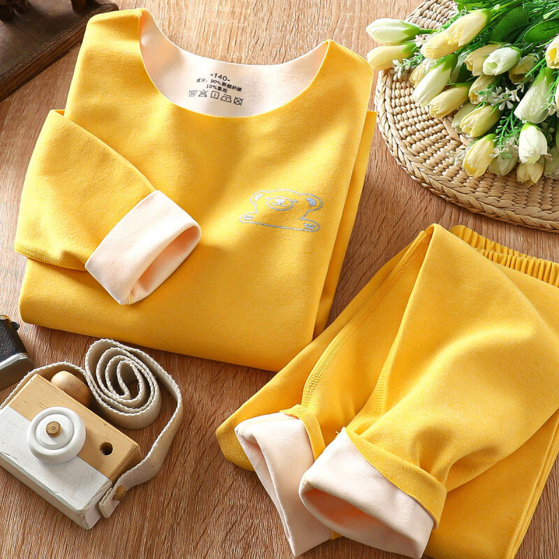 儿童德绒保暖内衣冬男童女童秋衣秋裤婴儿中大童保暖宝宝套装加绒 黄色套装/保暖速热 M 90C (适合身高70-80CM)