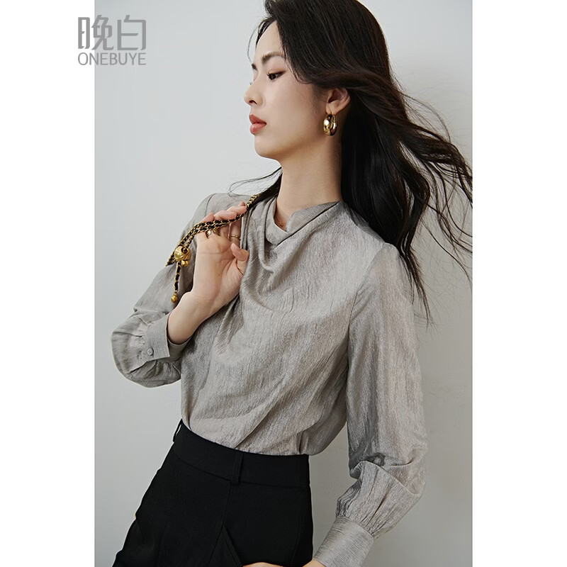 晚白【律政佳人】2026春千金风荡领醋酸光泽感格雷系上衣高级感衬衫女 银灰色 S