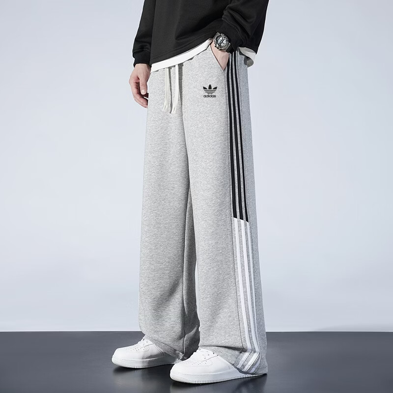 Y-3阿迪三叶草三条杠春秋冬休闲运动裤男女同款宽松直筒棉质大码卫裤 蓝色【加绒款】 5XL 建议体重190~210斤