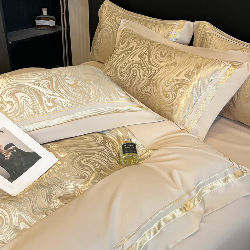 水星家纺100支床上四件套纯棉轻奢贡缎提花全棉床单纯棉被套床品 海韵-香槟 床笠款 2.0四件套-被套220x240