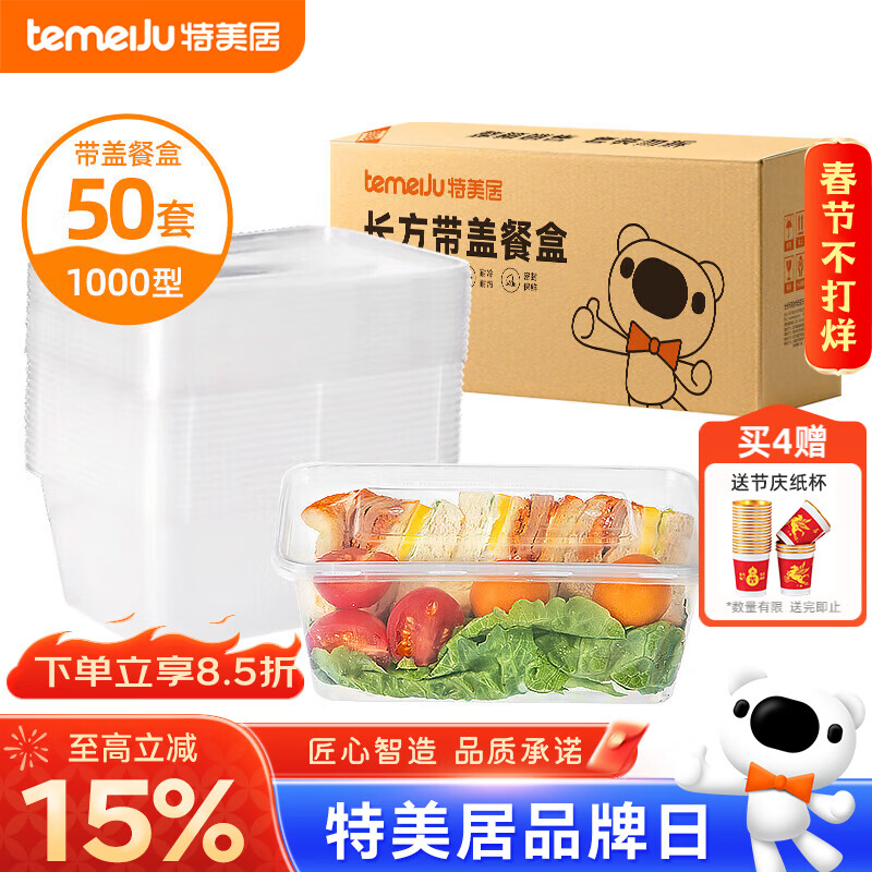 特美居（temeiju）一次性饭盒长方形透明塑料快餐盒加厚带盖打包盒餐具50套装1000型
