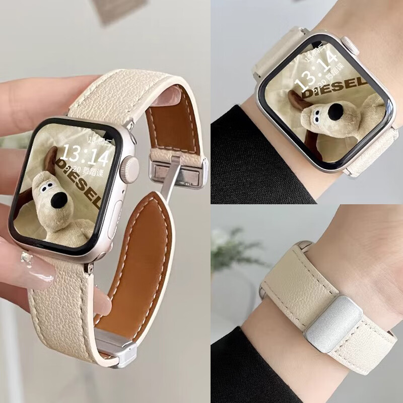 格汇品牌原装适用苹果手表表带真皮iwatch s10/s11表带磁吸Applewatch9/8/7/Ultra/Se轻奢女款时尚腕带 【白色】平纹折叠磁吸扣-宽版 适用42mm表盘【新品10/11代iwatch】