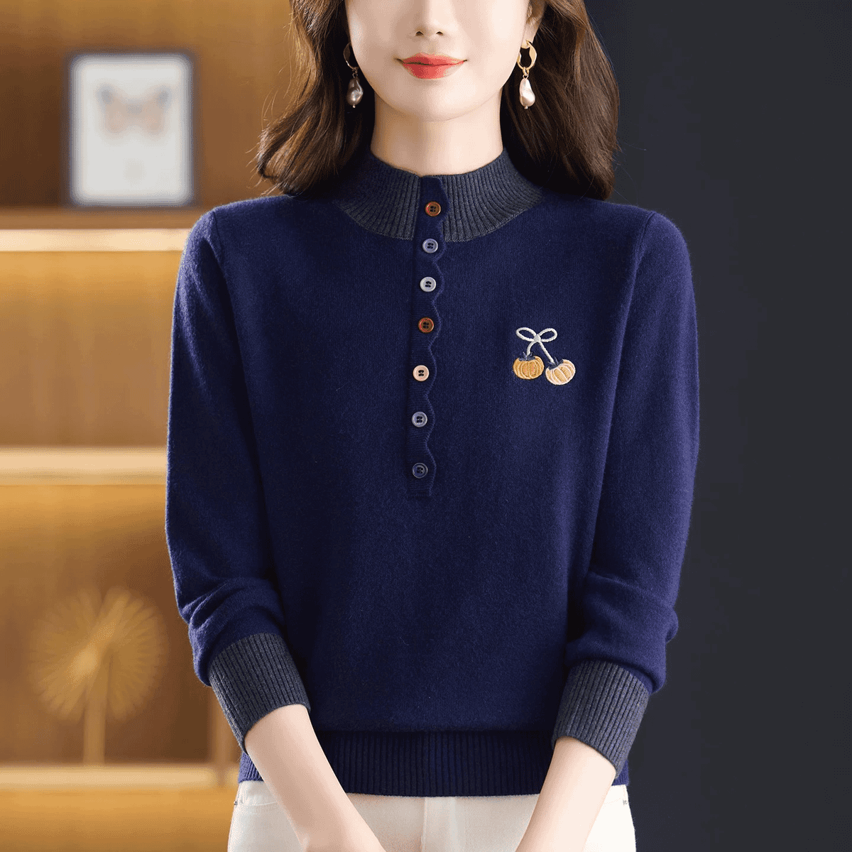 【新年新气象】半高领撞色针织衫女纽扣装饰打底衫百搭洋气显瘦 藏蓝色 M 建议体重90-120