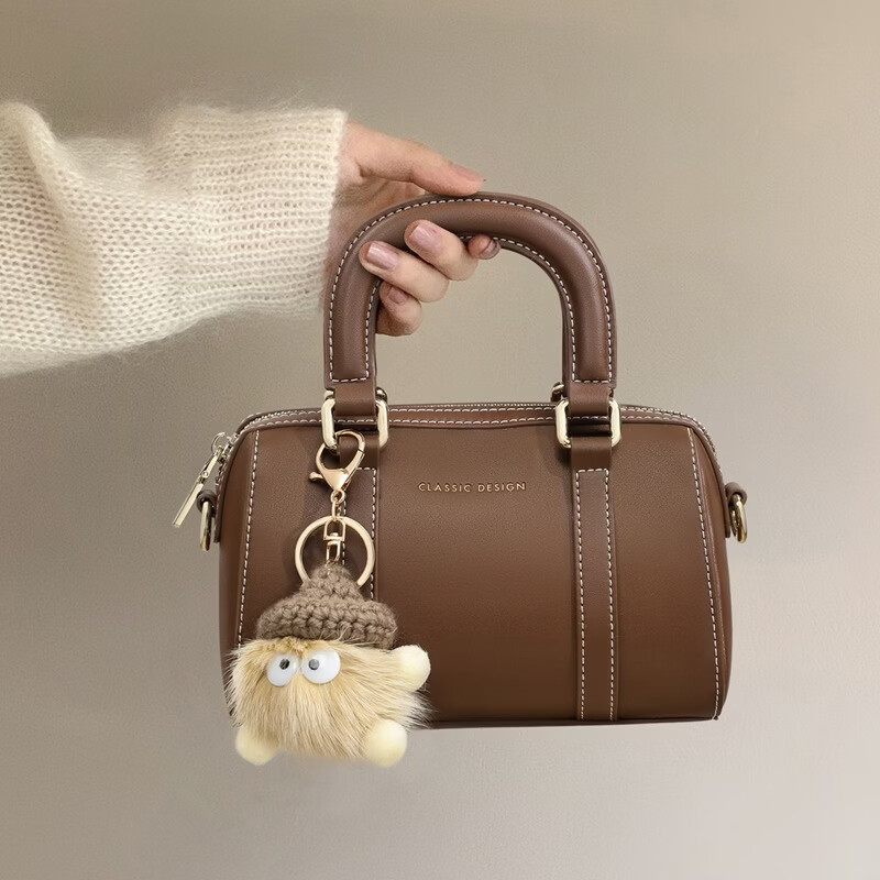 单支鸟手提包包2真皮斜挎枕头包女包迷你单肩波士顿包生日礼物 棕色